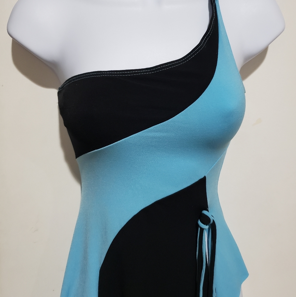 Twin size small blue and black one shoulder top